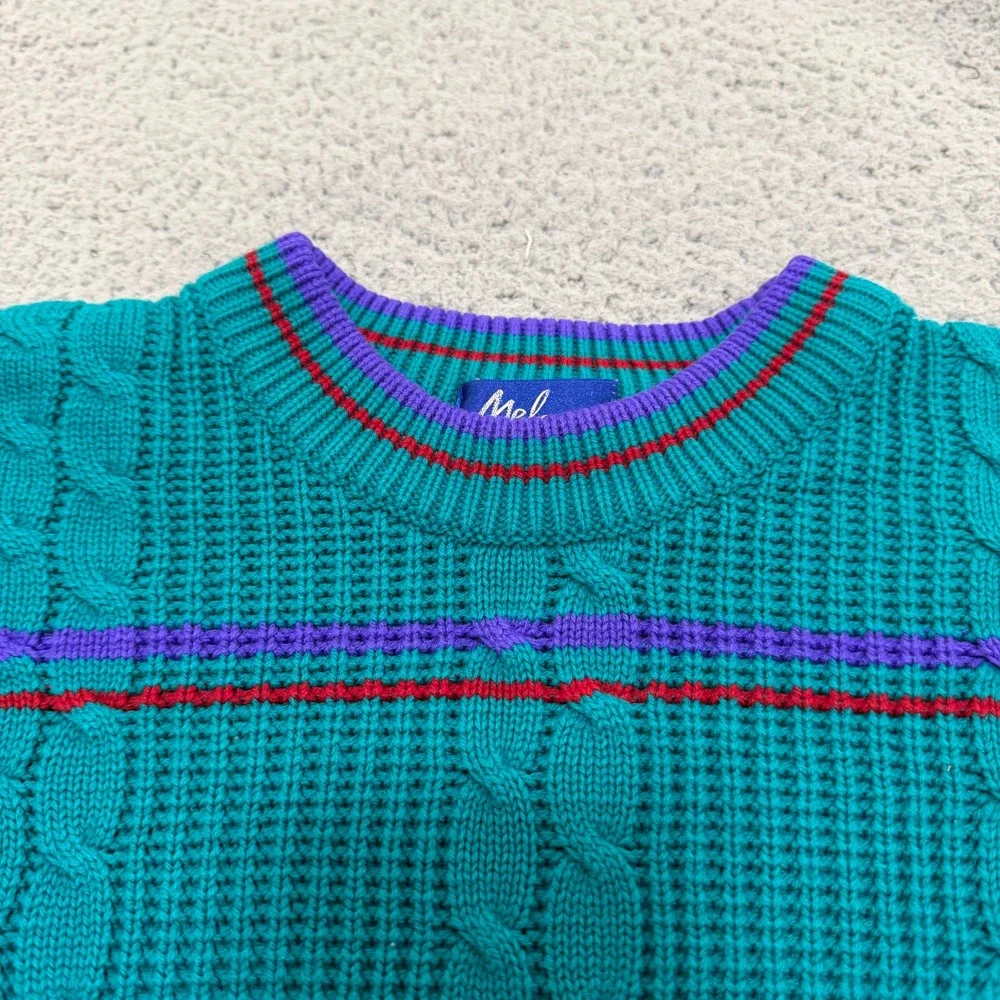 Vintage Melange 90s Teal Sweater Striped Cable Knit Crew Neck Womens Medium